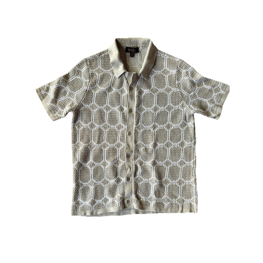 TRUTH by Republic Men's Medium Crochet Knit Shirt Geometric Boho Button Up Tan